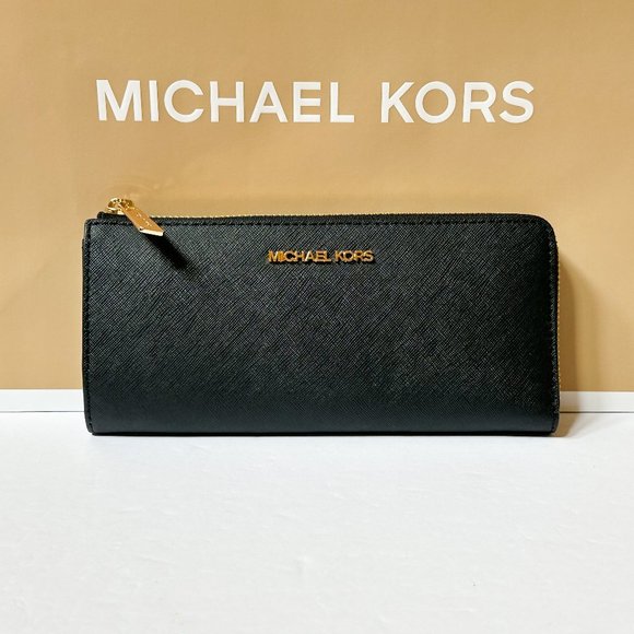 Michael Kors Jet Set Travel Large Three Quarter Zip Leather Wallet Black - Picture 1 of 9
